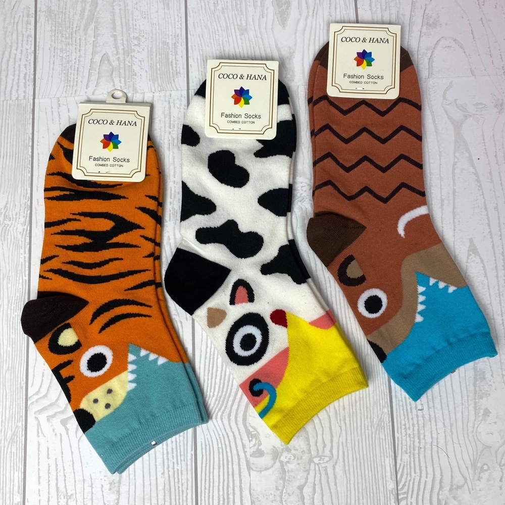 3 Pairs of Funky Cute Animal Socks Tiger Cow Bear